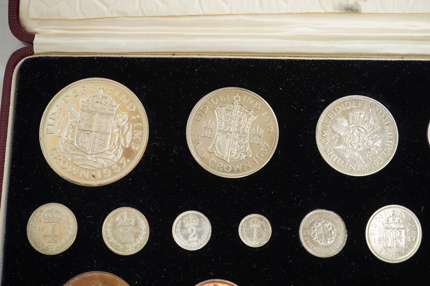 British coins, George VI, specimen coronation coin set, 1937, comprising farthing to crown, Maundy 1d - 4d (14 of 15, one shilling lacking), white residue to some coins otherwise proof like UNC